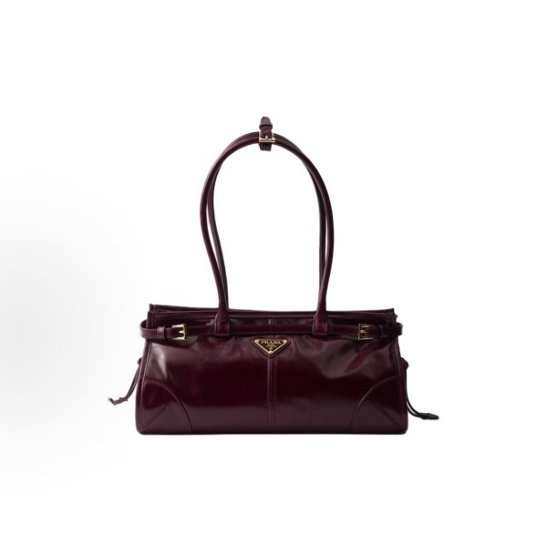 PRADA Bonnie Enamel metal triangular logo handbag, medium-sized women\'s Burgundy red